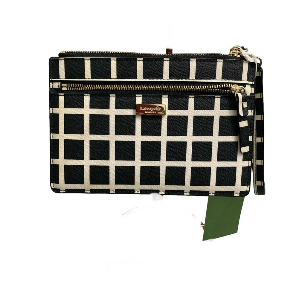 Kate Spade Laurel Way Tinie Checked Leather Wristlet, Black White, NWOT - Picture 3 of 14